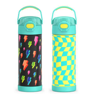16oz FUNtainer Water Bottles with Locking Lids Lightning Bolt & Wavy Checkers Teal Bundle